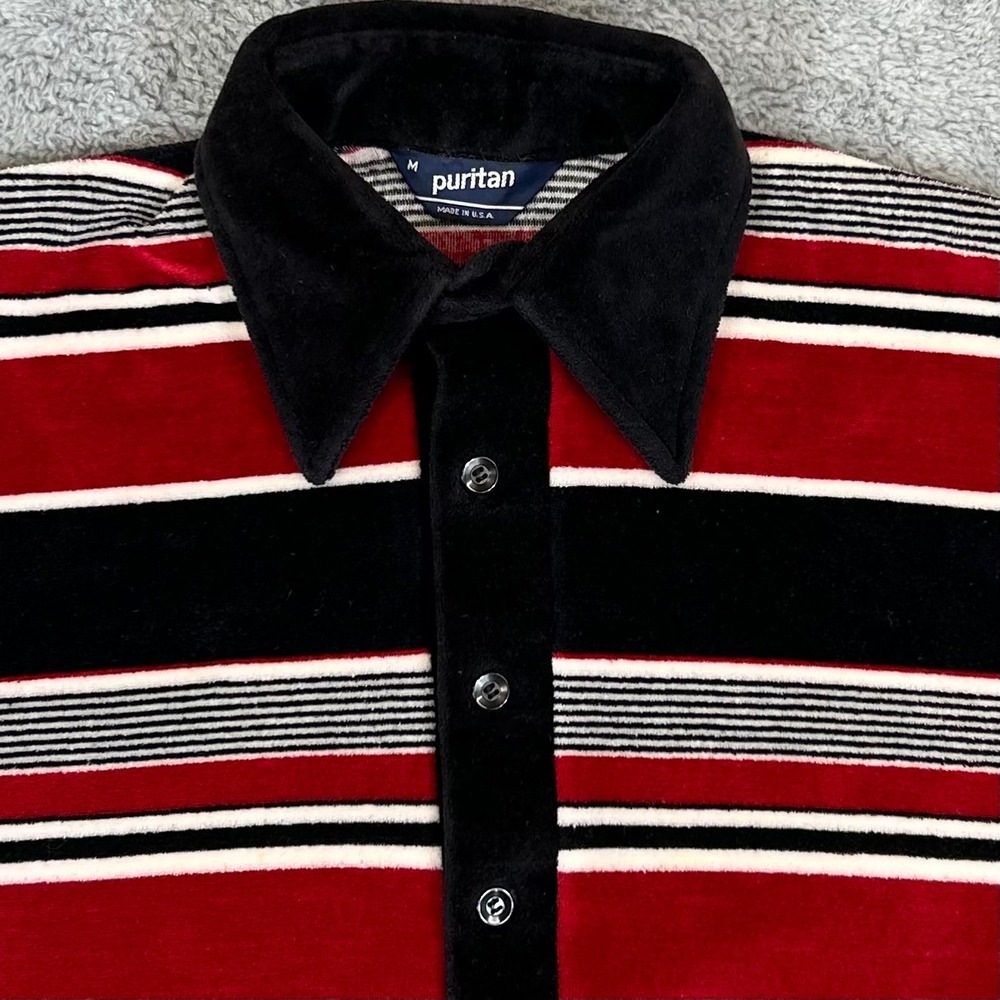 Vintage Puritan Mens Velour Polo Shirt Red Black White Striped Long Sleeve M USA